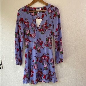 NWD & Other Stories Purple Floral V-Neck Silk Mini Long Sleeve Summer Dress Sz 4